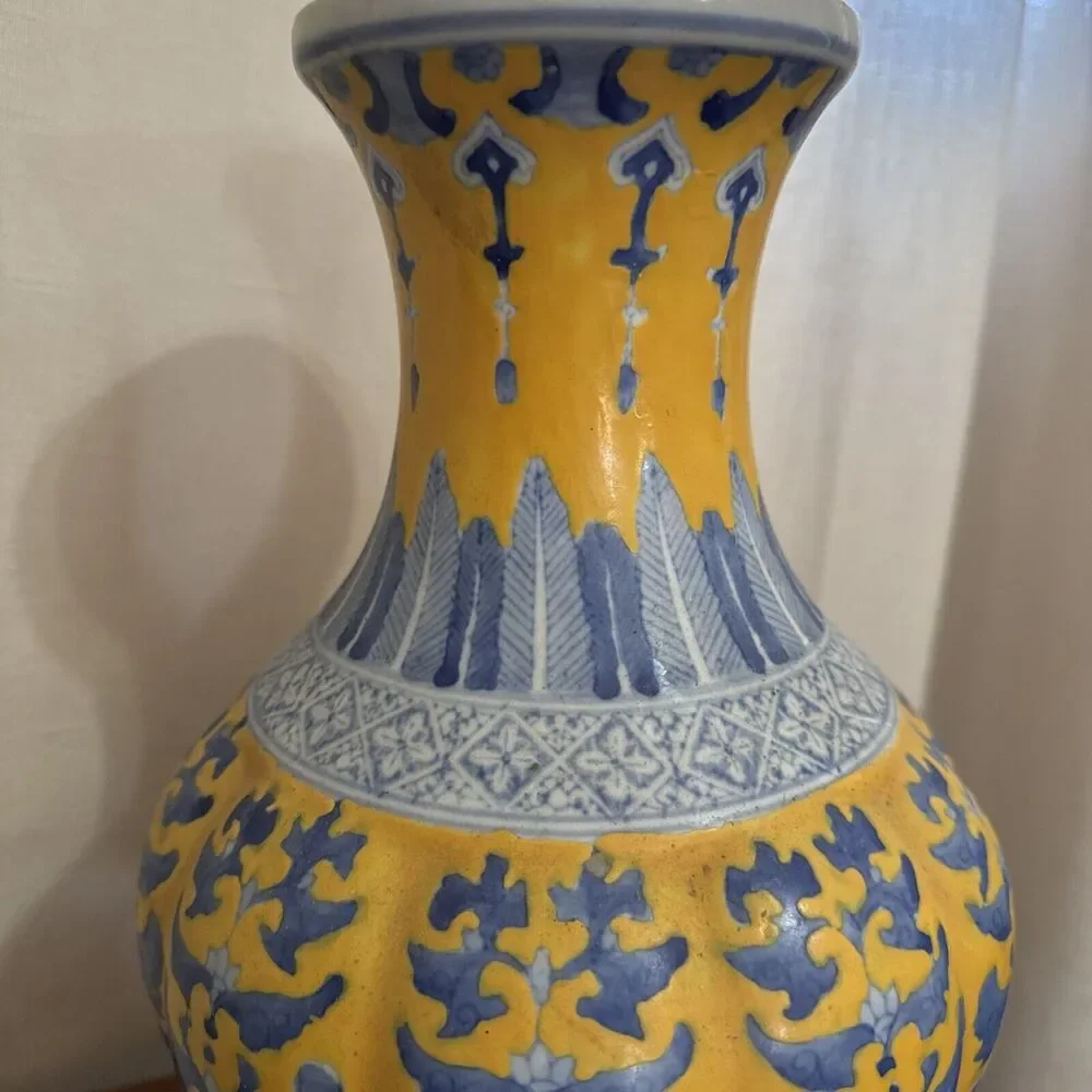 14” Qianlong Style Blue White Yellow Glaze‎ Porcelain Flower Zun Bottle Vase VTG